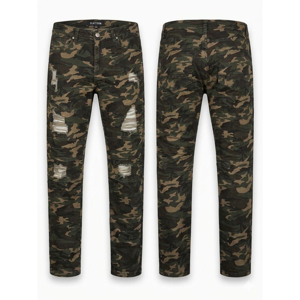 PLATFORM Camo Distressed Biker Jeans Men's 38/34 RN 162972